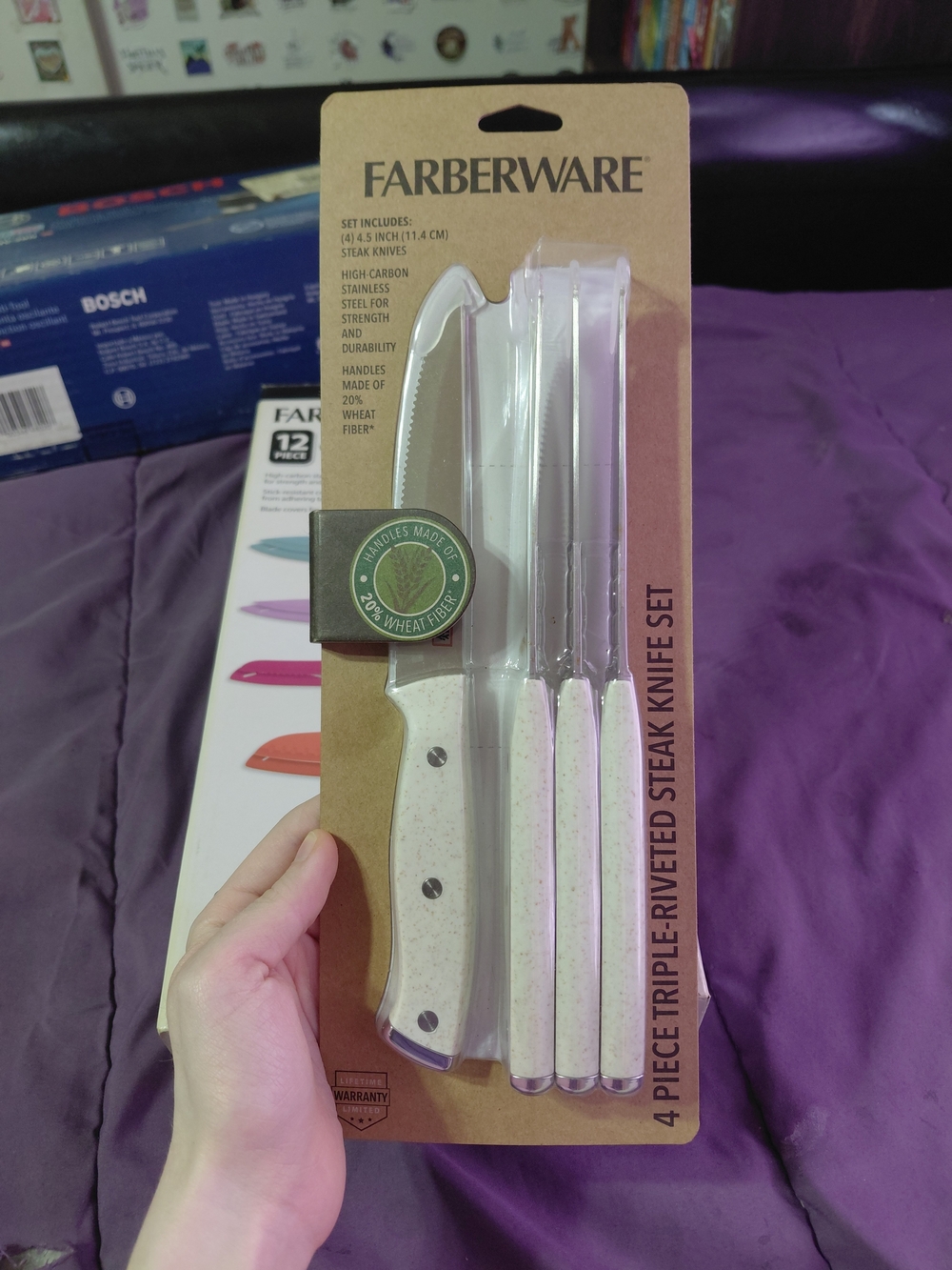 Farberware 4-Piece Triple-Riveted Steak Knife Set - Speckled White Handles